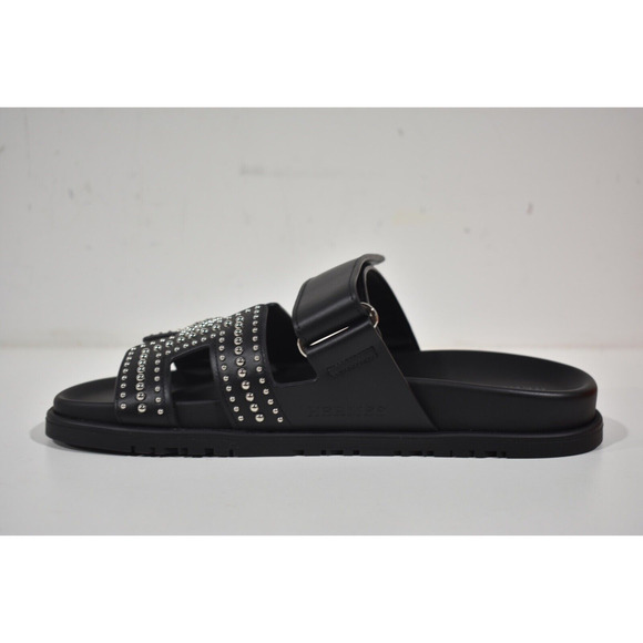 Hermes Chypre Sandal Black Silver Studded Stud H Logo Slide Slip On Flat 37.5 - Picture 11 of 12